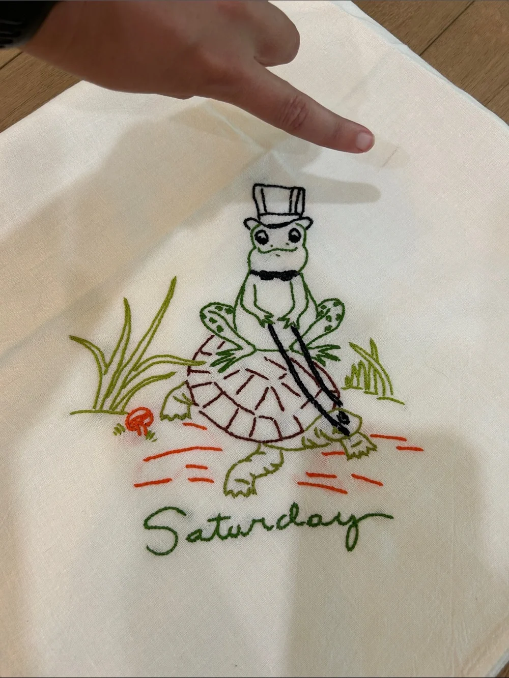 Vintage Hand Embroidered Frog Tea Towels Set